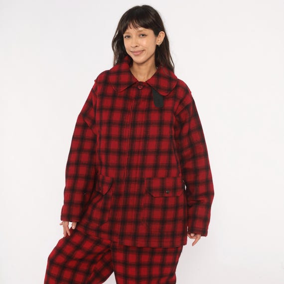80s Woolrich Plaid Hunting Jacket Black Buffalo Check Wool Coat Flannel Shirt Peter Pan Collar Lumberjack Outdoor Workwear Crimson Large L