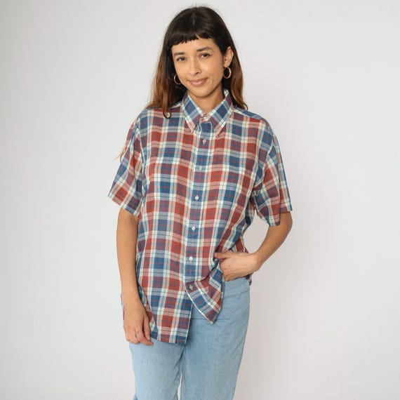 Vintage Distressed Plaid Shirt 80s Rust White Blue Button Up Checkered Print Paint Splatter Short Sleeve Top 1980s Casual Preppy Large L
