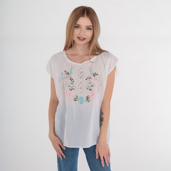 White Embroidered Blouse 90s Semi-Sheer White Blouse Bali Cutwork Shirt Glittery Bird Floral Cutout Boho Cap Sleeve Vintage 1990s Small S