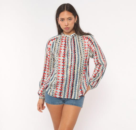 70s Psychedelic Stripe Blouse Red Navy Beige Button Front Leaf Print Long Sleeve Henley Artsy Floral Patterned Shirt Vintage Medium M