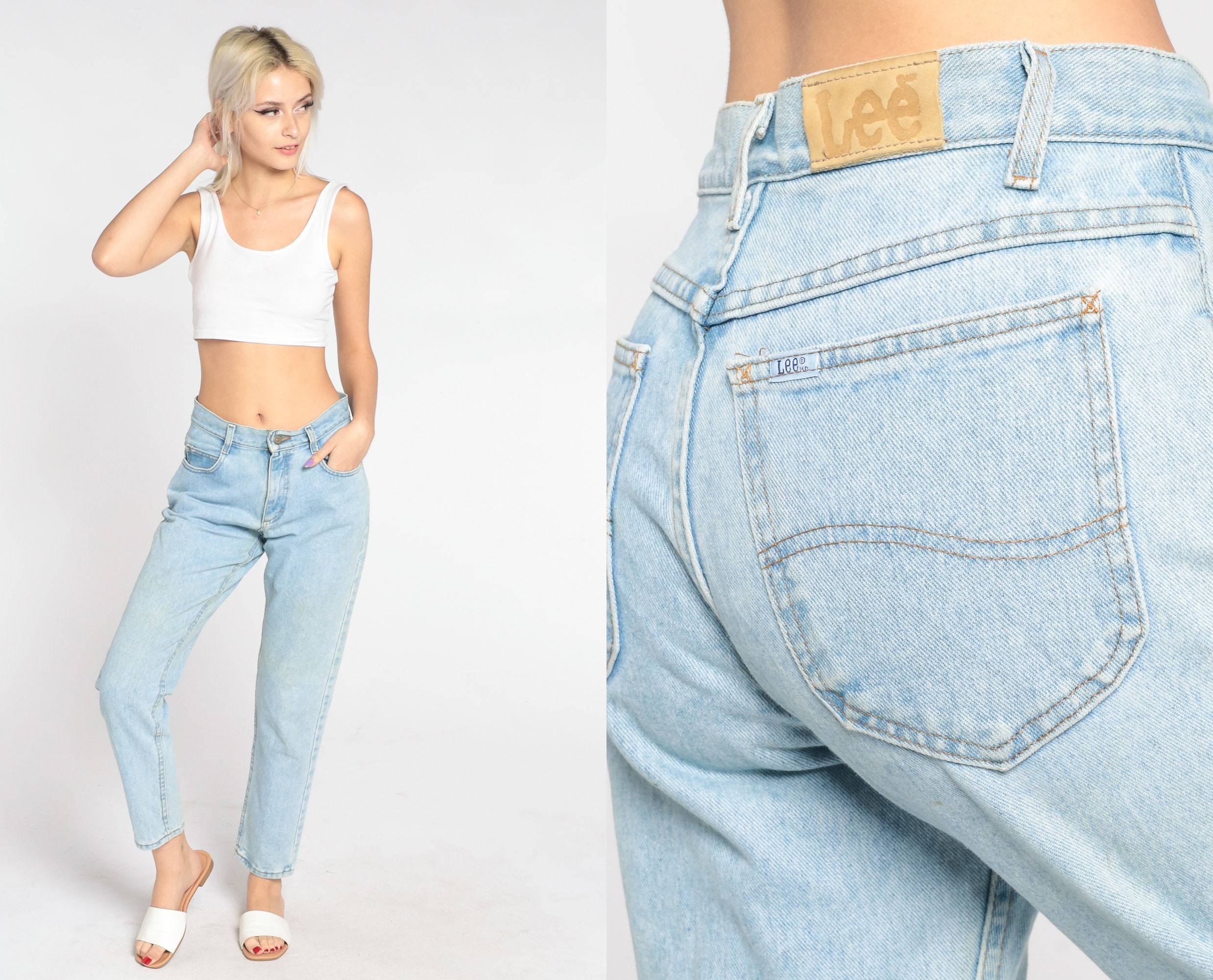 Lee Tapered Jeans 90s Mom Jeans Mid Rise Light Wash Denim Pants Retro ...