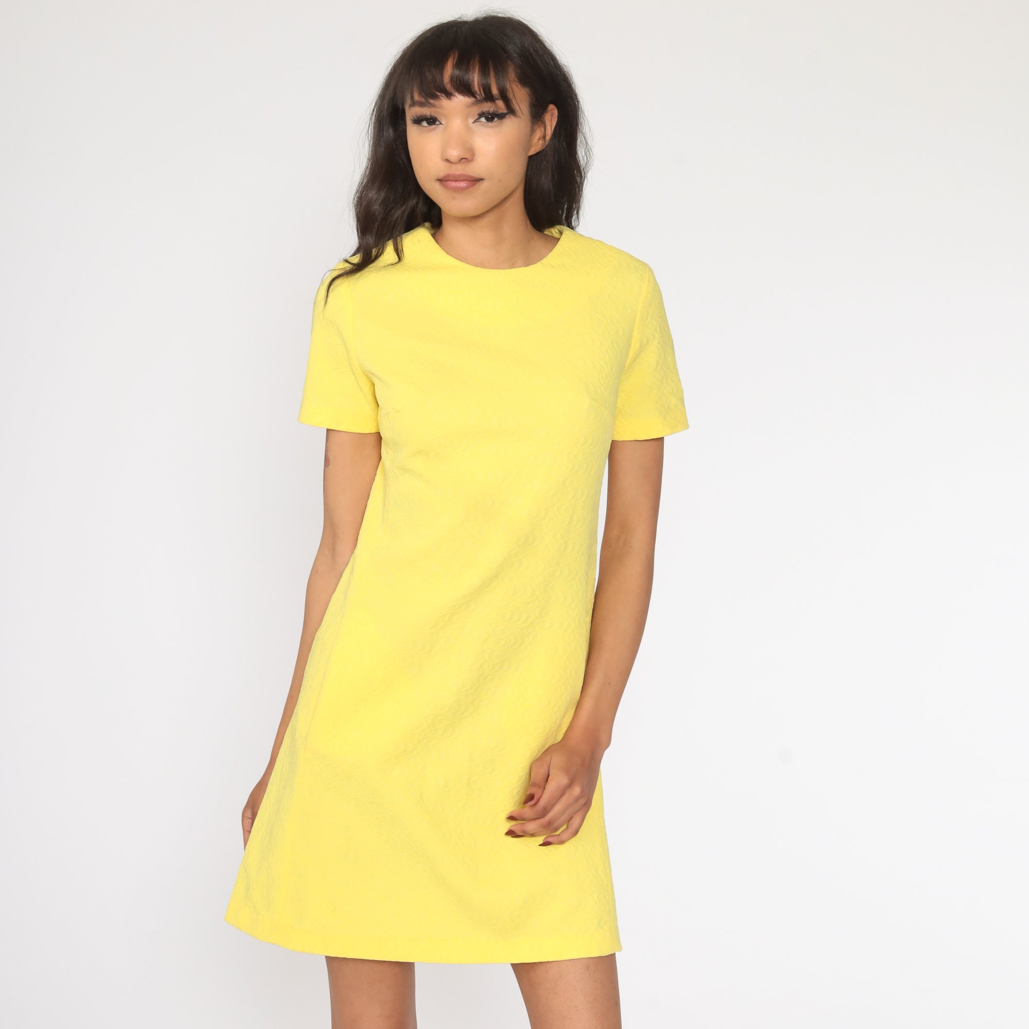 Mod Mini Dress Yellow Dress 60s Shift Poly Short Sleeve Textured Dress ...
