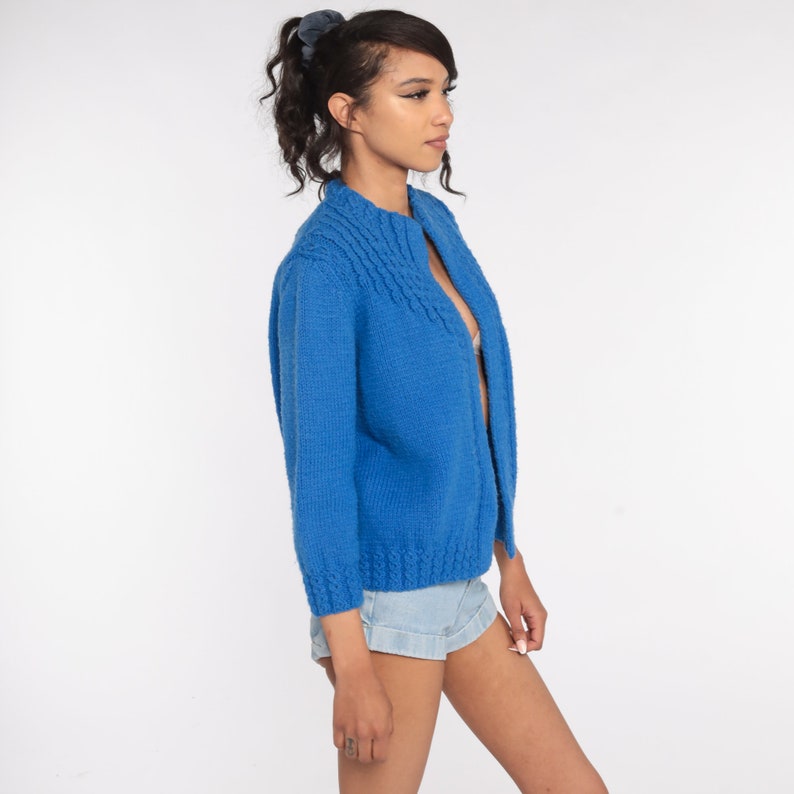 Blue Cardigan Sweater 70s Open Front Sweater Vintage Acrylic Knit 1970s Grandma Small S image 3