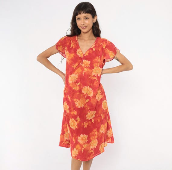 90s Red Floral Dress Orange Watercolor Print Flutter Sleeve V Neck Midi Shift Chiffon Sundress Summer Knee Length Vintage Plus Size 14W