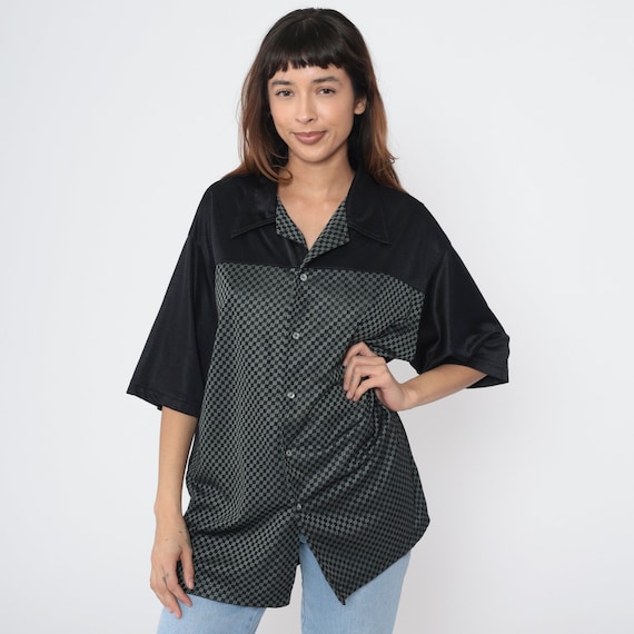 Checkered Button Up Shirt Y2K Black White Print Shirt Short Sleeve Retro Collared Top Casual Button Down Vintage 00s Men's Extra Large xl