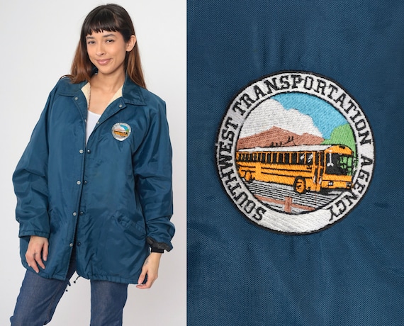70s School Bus Windbreaker Jacket Southwest Transportation Agency Navy Blue Uniform Jacket Snap Up Caruthers California Vintage Men's Large