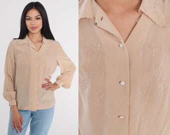 Embroidered Silk Blouse 80s Beige Floral Top Semi-Sheer Button up Shirt Long Sleeve Scalloped Collar Bohemian Feminine Vintage 1980s Small S