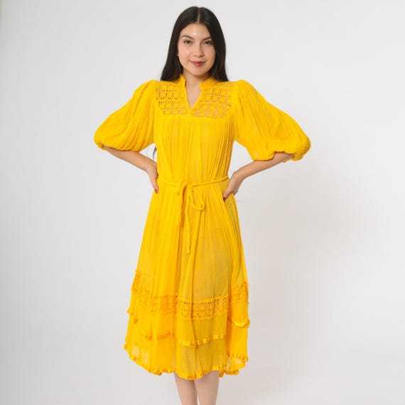 Gauze Mexican Dress 80s Yellow Crochet Lace Puff Sleeve Tie Waist Vintage Bohemian Folklorico Tiered Ruffle Festival Summer Small Medium S M