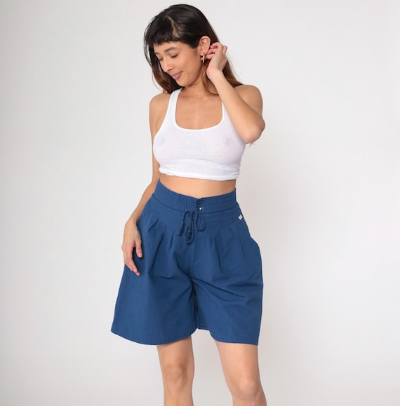 Vintage Navy Blue Pleated Shorts 80s Baggy High Waisted Drawstring Shorts Preppy 1980s Elastic Waist Summer Bottoms Trouser Gitano Small