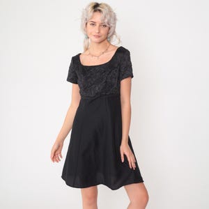 Vintage Black Formal Dress 90s Micro Beaded Satin Party Dress Fit Flare Scoop Neck Empire Waist Short Sleeve 1990s Evening Size 4 Small