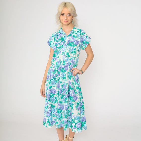 80s Floral Dress Purple Rose Print Midi Dress Summer High Waist Shirtdress Boho Full skirt Vintage Button Up 1980s Cap Sleeve Flared Medium