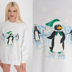 Penguin Sweatshirt 90s Have An Ice Day Shirt Funny Joke Ice Skating Graphic Sweater Winter Skater Animal White Vintage 1990s Extra Large xl