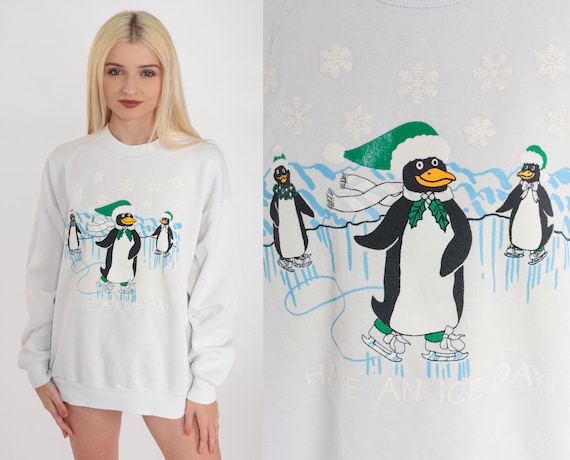 Penguin Sweatshirt 90s Have An Ice Day Shirt Funny Joke Ice Skating Graphic Sweater Winter Skater Animal White Vintage 1990s Extra Large xl