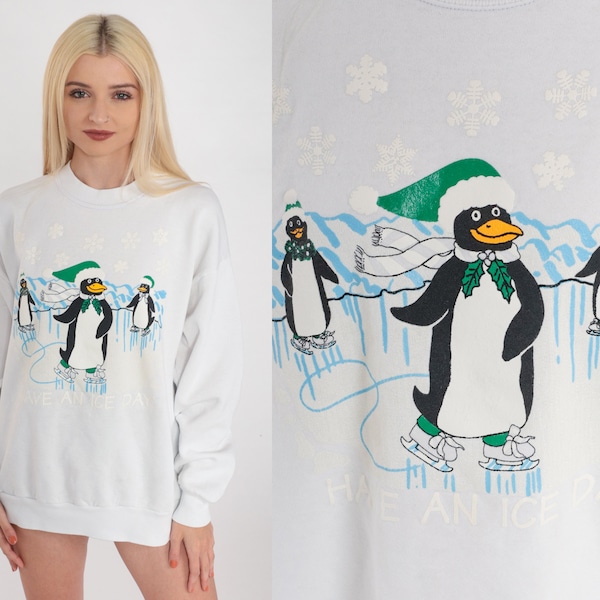 Pinguïn Sweatshirt jaren '90 Have An Ice Day Shirt Grappige grap Schaatsen Grafische trui Winter Skater Animal White Vintage jaren 1990 Extra Large xl