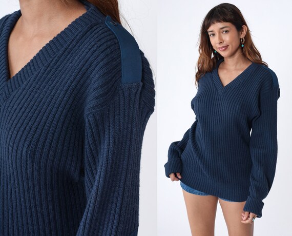 Navy Blue Wool Sweater 90s Army Sweater Ribbed Knit Pullover Elbow Patch Shoulder Epaulette Vintage 1990s Commando Jack Young Men's Large 44