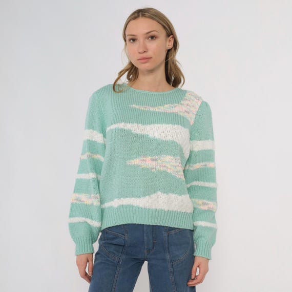 Pastel Blue Sweater 80s White Striped Pattern Preppy Vintage Confetti Knit Pullover Slouchy Crewneck Soft Kawaii Womens Large L