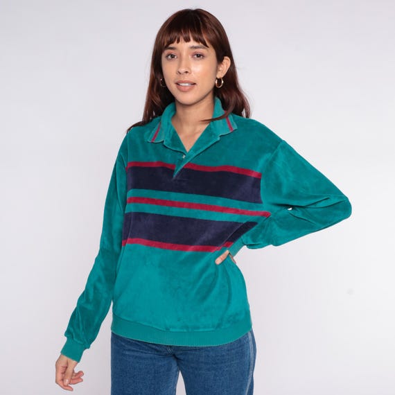 Velour Rugby Pullover 90s Teal Turquoise Navy Red Burgundy Striped Collared Sweatshirt Polo Vintage Preppy Collegiate Cotton Top Medium M