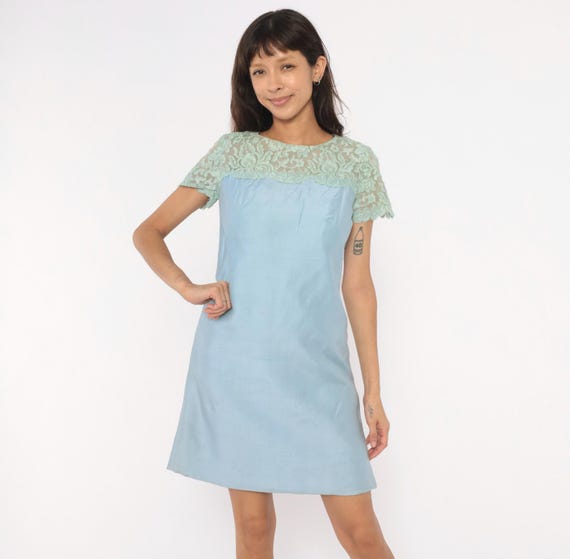60s Lace Dress Mint Green Blue Scalloped Floral A Line Short Sleeve Country Miss Feminine Cocktail Party Mod Go Go Pastel Vintage Small S
