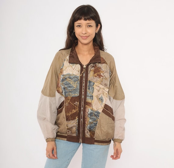 90s Patchwork Windbreaker Brown Gold Tan Abstract Bomber Zip Front Jacket Colorblock Shell Geometric Cafe Beige Sand Vintage Coat Large L