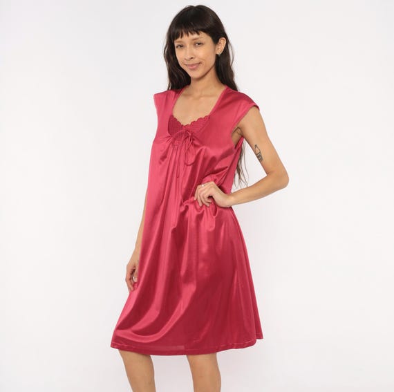 Burgundy Nightgown 80s JCPenney Sleeveless Slip Dress Scalloped Yoke Bow Front Cap Sleeve Wine Satin Finish Loungewear Vintage Medium M