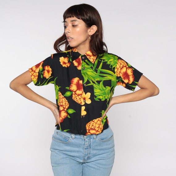 Tropical Pineapple Shirt Hawaiian Print 90s Crop Top Floral Blouse Button Up Shirt Black Vintage Short Sleeve Cropped 1990s Small S Petite