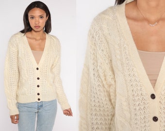 Cable Knit Cardigan 90s Cream Acrylic Mohair Wool Button Up Fisherman Sweater Retro Basic V Neck Bohemian Cableknit Vintage 1990s Medium
