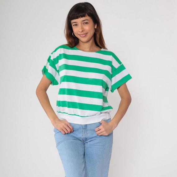 Vintage 80s Striped T-Shirt White Green Short Sleeve Casual Tee Pullover Retro 1980s Soft Top Medium M