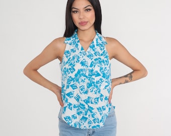90s Tank Top White Blue Abstract Squiggle Print Sleeveless Button up Shirt Geometric Summer Blouse Rear Slit Collared Vintage 1990s Small S