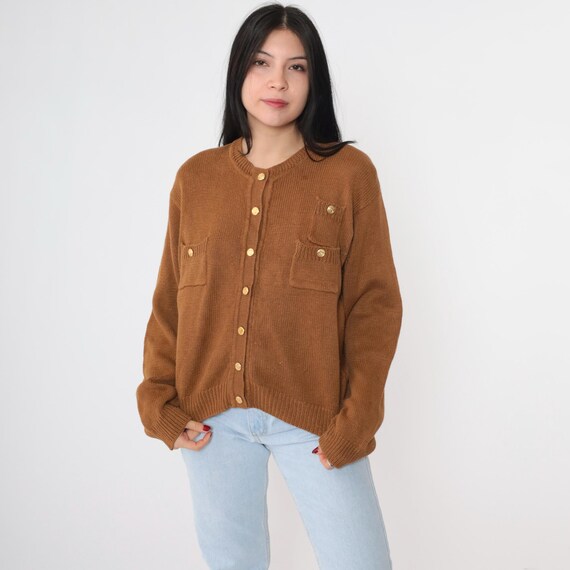Vintage Brown Cardigan 90s Gold Button up Cotton Ramie Knit Preppy Sweater Plain Basic Solid Retro Grunge Knitwear 1990s Medium