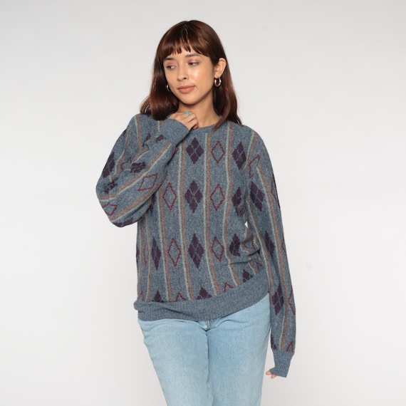 Diamond Pattern Sweater 80s Vintage Argyle Style Blue Gray Burgundy Wool Mohair Blend Crewneck Geometric Preppy Winter Knitwear Medium M