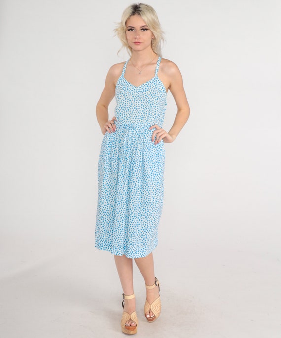 Backless Sundress 70s Polka Dot Dress Boho Criss Cross Midi Sun Open Back 1970s Hippie Blue White Bohemian Summer High Waist Medium