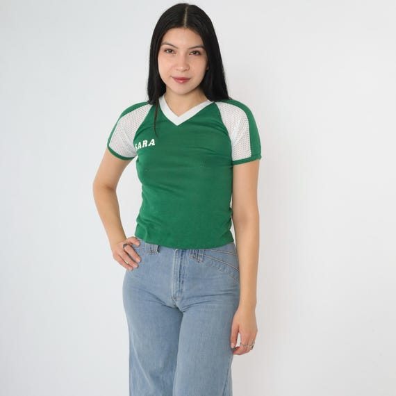 Vintage Baseball Ringer Tee Shirt Lucky Leprechauns Sara Green Mesh Raglan Sleeve Retro T Shirt 80s V Neck Athletic TShirt 1980s Sports 2xs