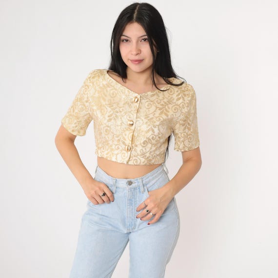 90s Cropped Lace Blouse Metallic Gold Cream Crop Top Button Up Shirt Short Sleeve Retro Vintage Botanical Leaf Top 1990s Small