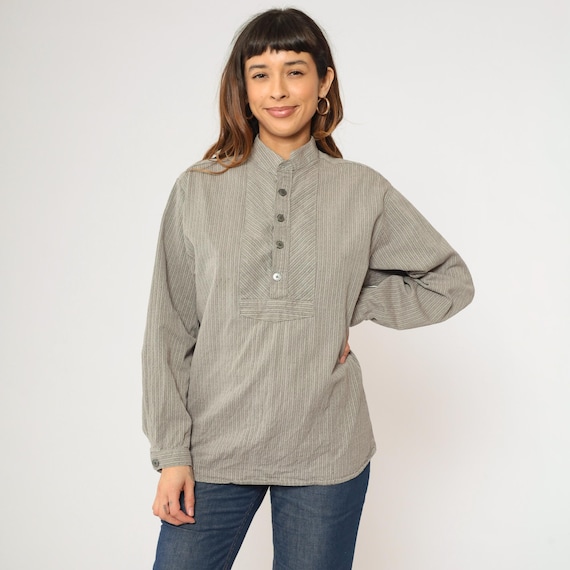 00s Striped Shirt Y2K Grey Tunic Top Western Frontier Henley Neckline Mandarin Collar Shirt Vintage Long Sleeve Button Up Shirt Men's Medium