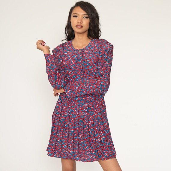 Leslie Fay Floral Dress 90s Red Blue Mini Dress Pleated Secretary Dress 1990s Vintage Button Up Summer Extra Large xl