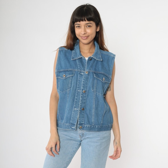 Y2K Denim Vest Faded Glory Jeans Blue Sleeveless Jean Jacket Trucker Vest 00s Vintage Button Up Large L
