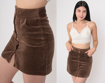 Brown Corduroy Skirt 80s Exposed Button Up Mini Skirt High Waisted Pencil Skirt Retro Basic Plain Simple Summer Vintage 1980s Extra Small xs