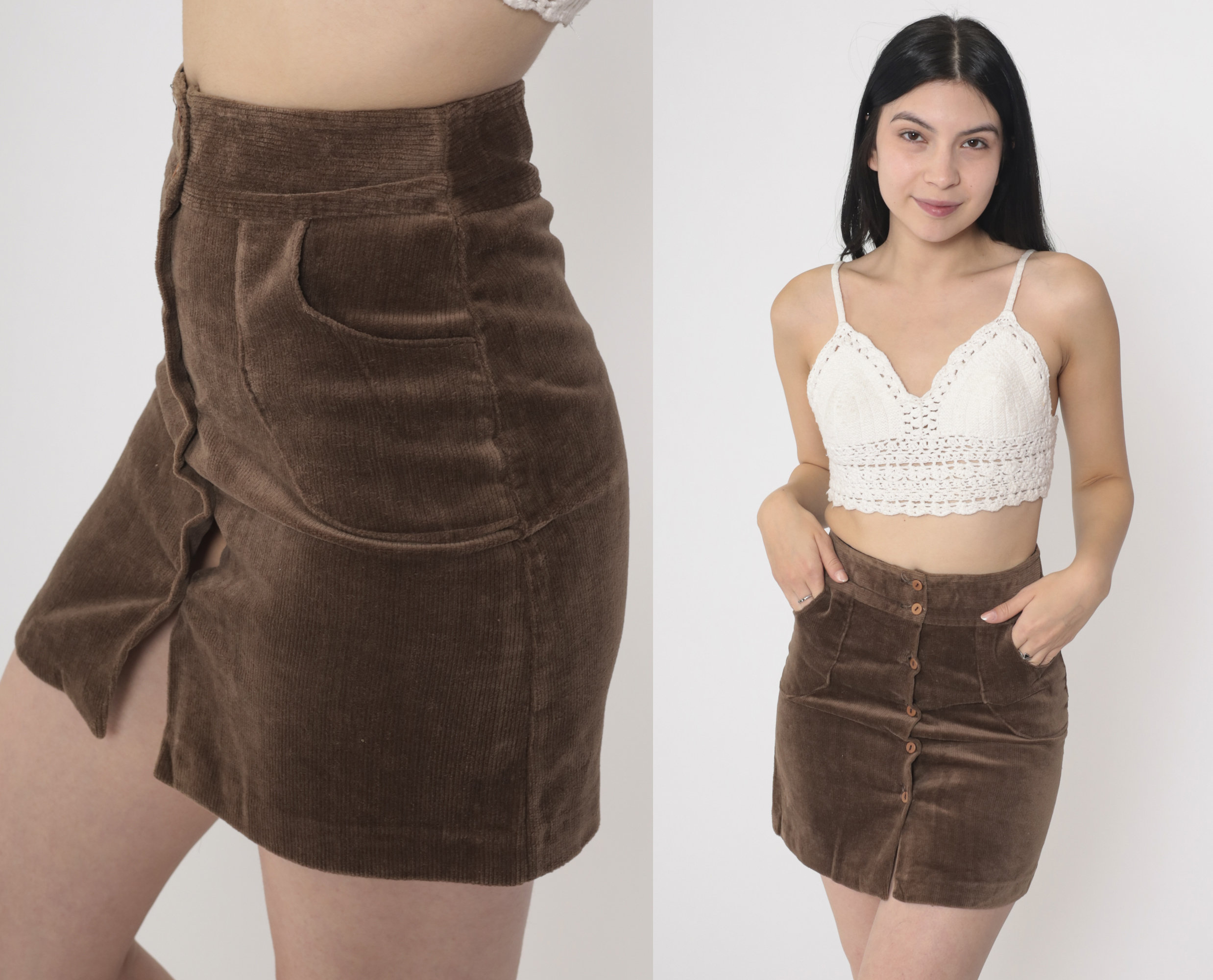 Brown Corduroy Skirt 80s Exposed Button up Mini Skirt High Waisted Pencil Skirt Retro Basic Plain Simple Summer Vintage 1980s Extra Small Xs Etsy