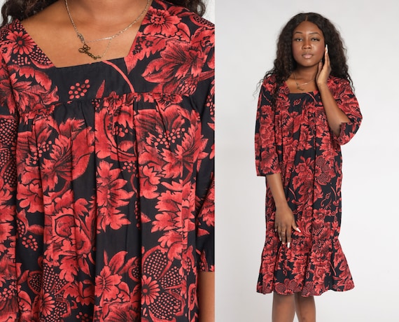 Floral Tent Dress 90s Knee Length Midi Dress Black Red Flower Print Tent Retro 3/4 Sleeve Day Loose Flowy Vintage 1990s Cotton Medium M