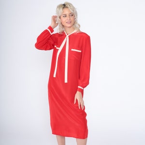 Red Silk Dress 80s Necktie Dress Long Sleeve Midi Dress Shift White Trim Retro Secretary Ascot Neck Tie Vintage 1980s Saint Pierre Small S 6