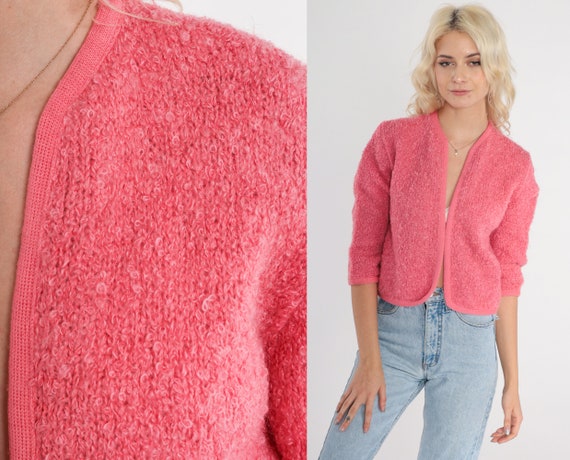 Pink Wool Cardigan 60s Open Front Knit Sweater Cr… - image 1