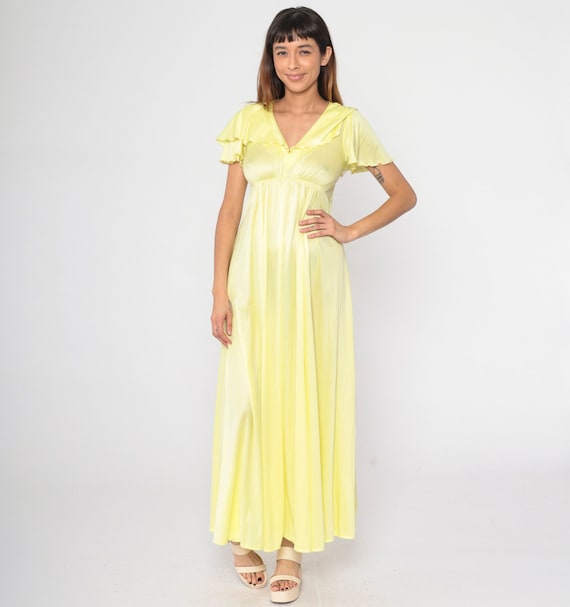 70s Flutter Sleeve Party Dress Yellow Capelet Grecian Maxi Dress 1970s Boho Empire Waist Gown Deep V Neck Formal A-line Draped Small S