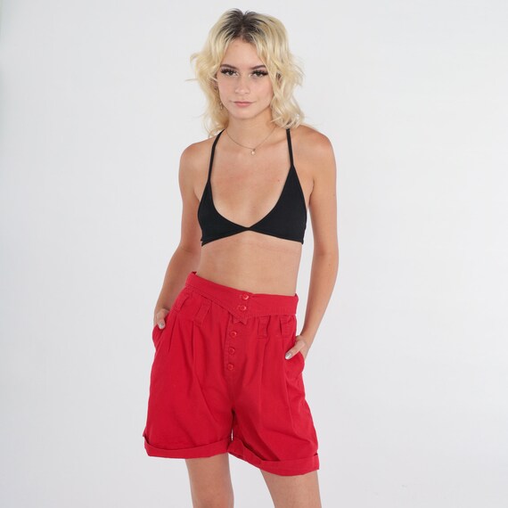 Red Paper Bag Shorts 80s Pleated Trouser Shorts Ultra High Waisted Rise Preppy Retro Wide Leg Shorts Summer Vintage 1980s Extra Small xs