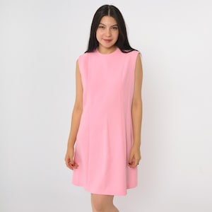 Vintage Pink Mod Mini Dress 60s A-Line Shift Sleeveless Gogo Sixties Twiggy Plain 70s Minidress 1960s Small 6