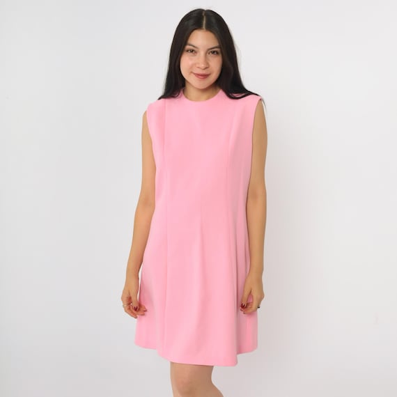 Vintage Pink Mod Mini Dress 60s A-Line Shift Sleeveless Gogo Sixties Twiggy Plain 70s Minidress 1960s Small 6