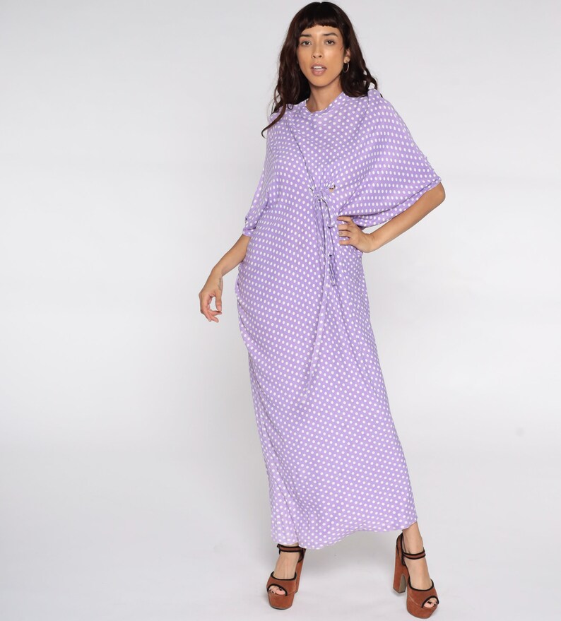 Hippie Caftan Dress 70s Maxi Boho Tent Purple Polka Dot Cocoon Dress 1970s Kimono Sleeve Bohemian Vintage Festival Small Medium Large xl image 2