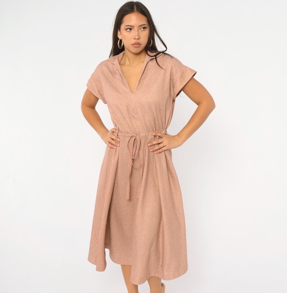 80s Rust Dress Micro Check Cream V Neck Cap Sleeve Tie Drawstring Waist A Line Terra Cotta Pink Gingham Day Dress Womens Vintage Large L