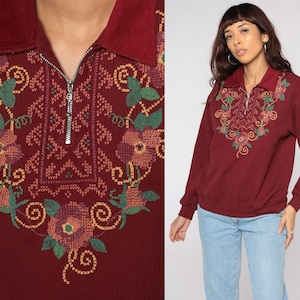 Red Floral Sweatshirt 90s Quarter Zipper Shirt Vintage Sweater Graphic Sweatshirt 80s Slouchy 1990s Collared Medium
