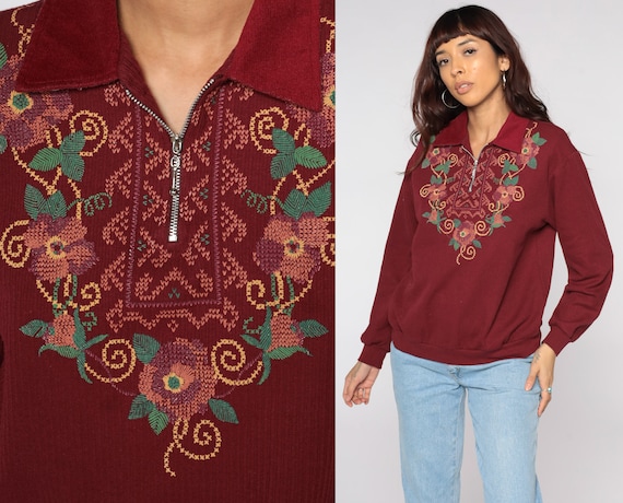 Red Floral Sweatshirt 90s Quarter Zipper Shirt Vintage Sweater Graphic Sweatshirt 80s Slouchy 1990s Collared Medium