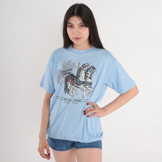 Carousel Horse Shirt 80s Shoreline Village T-Shirt Long Beach California Graphic Tee Looff Tourist Baby Blue Vintage 1980s Jerzees Medium